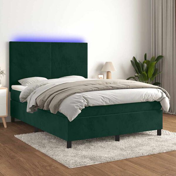 vidaXL Box spring postelja z vzmetnico LED tem. zelena 140x190cm žamet