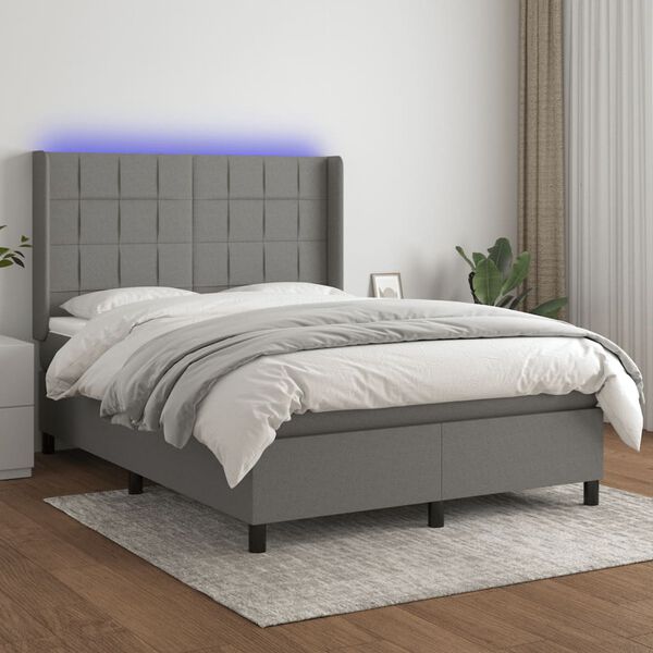 vidaXL Box spring postelja z vzmetnico LED temno siva 140x190 cm blago