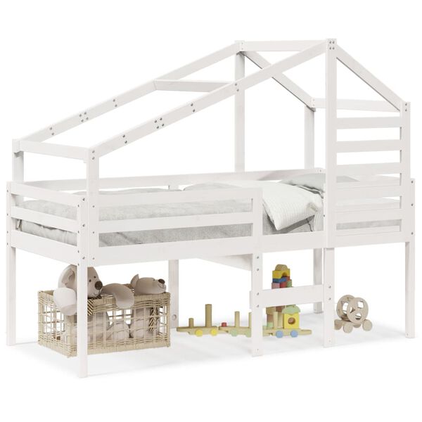 vidaXL Visoka postelja s streho bela 90x200 cm trdna borovina