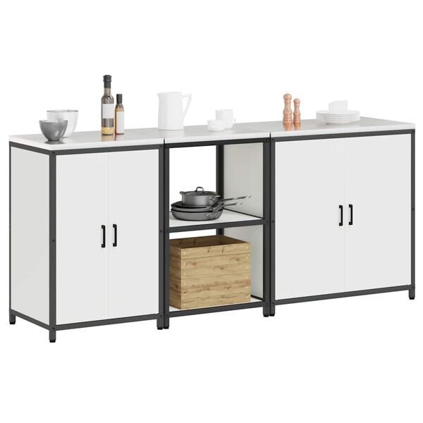 vidaXL Kuhinjski set za shranjevanje z vrati 3 pcs Bela Mlinjeni jeklo