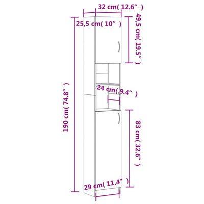 vidaXL Kopalniška omarica siva 32x25,5x190 cm iverna plošča