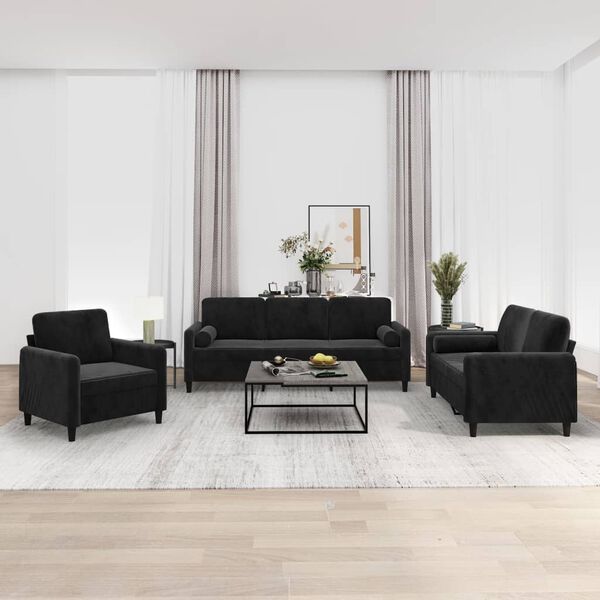 vidaXL Sedežna garnitura 3-delna z okrasnimi blazinami črn žamet