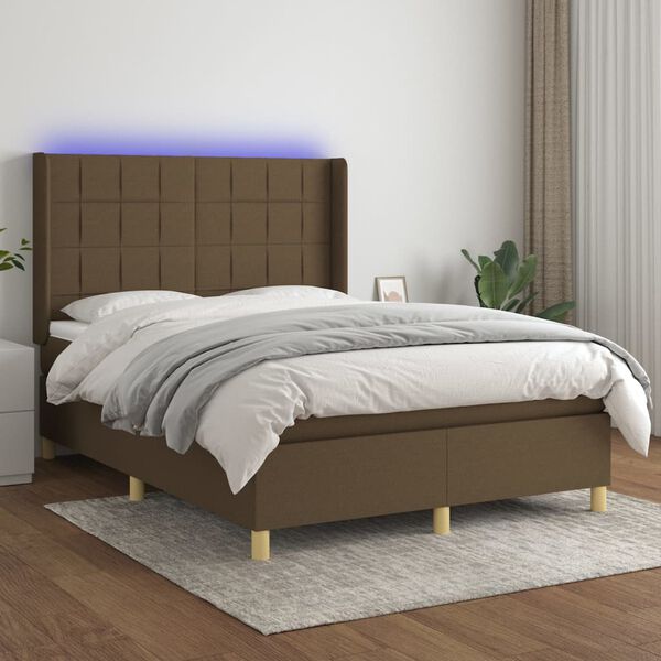 vidaXL Box spring postelja z vzmetnico LED temno rjava 140x200cm blago