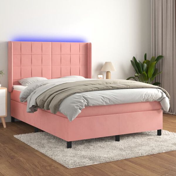 vidaXL Box spring postelja z vzmetnico LED roza 80x200 cm žamet