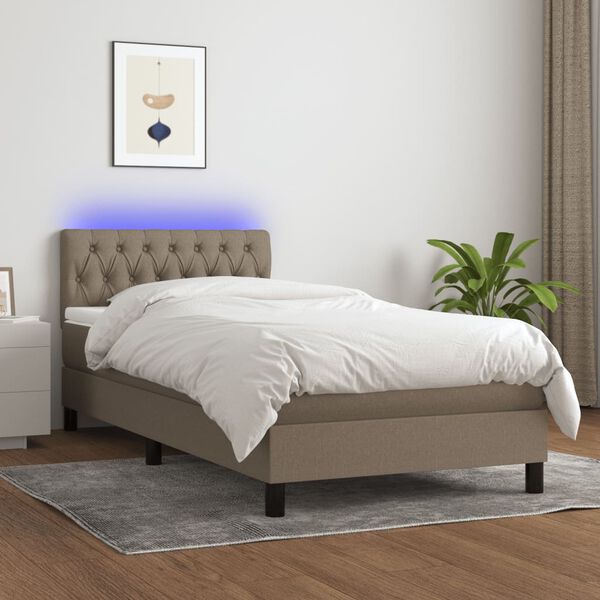 vidaXL Box spring postelja z vzmetnico LED taupe 90x200 cm blago