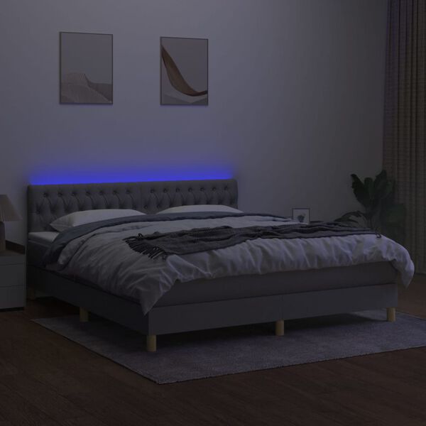 vidaXL Box spring postelja z vzmetnico LED sv. siva 160x200 cm blago