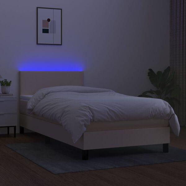 vidaXL Box spring postelja z vzmetnico LED krem 90x200 cm blago