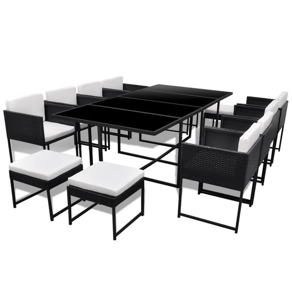 vidaXL Zunanja jedilna garnitura z blazinami 13-delna poli ratan črna