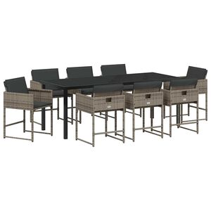 vidaXL Komplet za jedilnico v vrtu z blazino 9 pcs Siva poli ratan