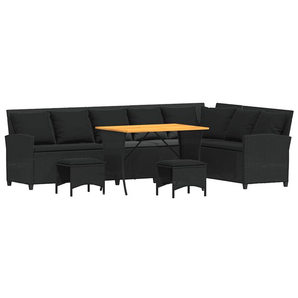 vidaXL Vrtna sedežna garnitura 4-delna z blazinami L črn poli ratan