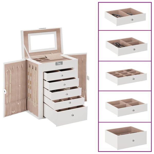 vidaXL Jewellery Box 6-Layer z ogledalom zaklenljiv Bela