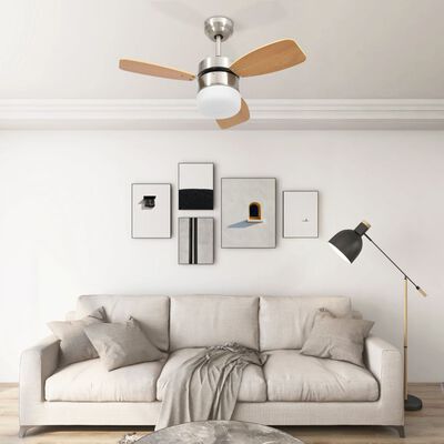 vidaXL Stropni ventilator z lučjo in daljincem 76 cm svetlo rjav