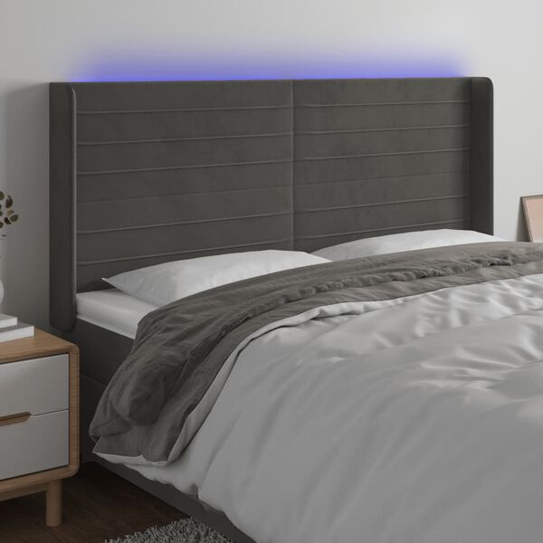 vidaXL LED posteljno vzglavje temno sivo 163x16x118/128 cm žamet