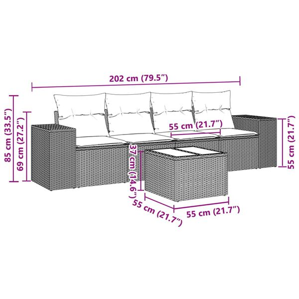 vidaXL Vrtna sedežna garnitura 5-delna z blazinami siv poli ratan