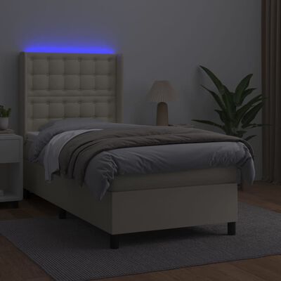 vidaXL Box spring postelja z vzmetnico LED krem 100x200cm umetno usnje