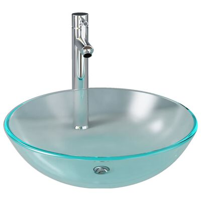vidaXL Kopalniški umivalnik s pipo in potisnim odtokom mlečno steklo