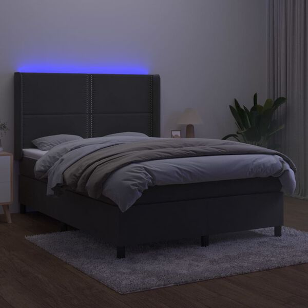 vidaXL Box spring postelja z vzmetnico LED temno siva 140x190 cm žamet