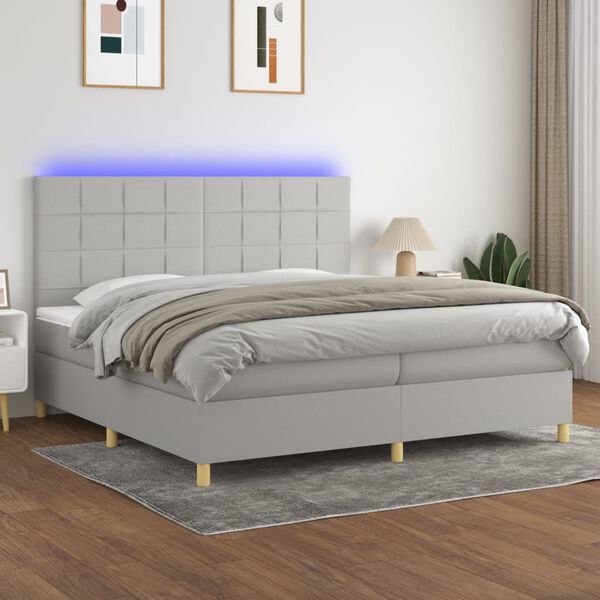 vidaXL Box spring postelja z vzmetnico LED sv. siva 200x200 cm blago