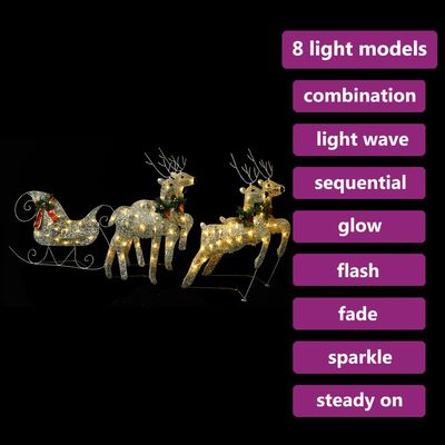 vidaXL Zunanji božični jeleni s sanmi 100 LED lučk zlate barve