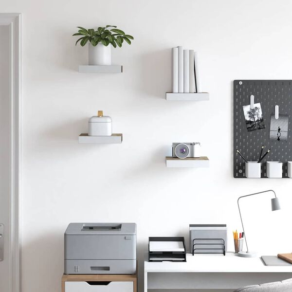 vidaXL Stenske police 4 kosi barva hrasta in bela 23x23,5x3,8 cm MDF