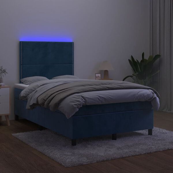 vidaXL Box spring postelja z vzmetnico LED tem. modra 120x190 cm žamet