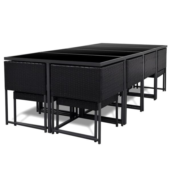 vidaXL Zunanja jedilna garnitura z blazinami 13-delna poli ratan črna