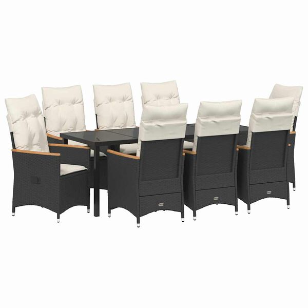 vidaXL Komplet za jedilnico v vrtu z blazino 9 pcs Črna poli ratan
