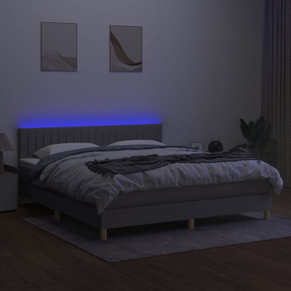 vidaXL Box spring postelja z vzmetnico LED sv. siva 180x200 cm blago