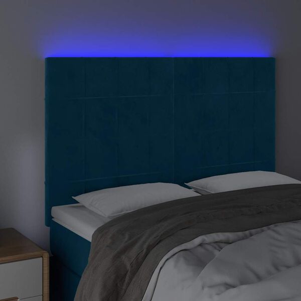 vidaXL LED posteljno vzglavje temno modro 144x5x118/128 cm žamet