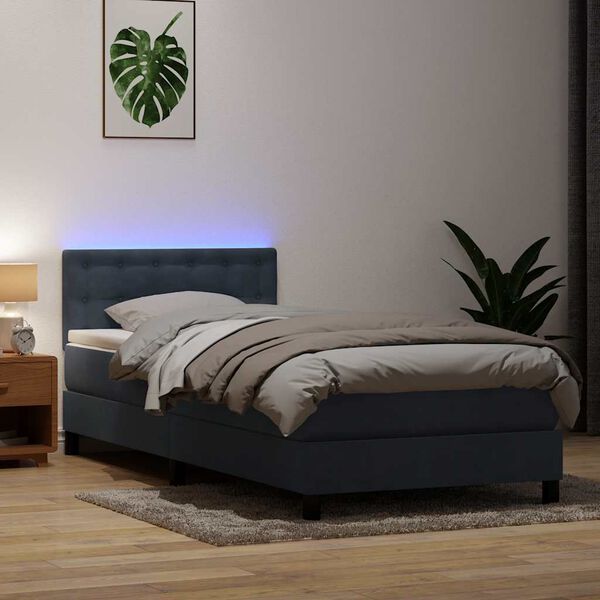 vidaXL Box spring postelja z vzmetnico LED Temno siva 90x220 cm Velvet