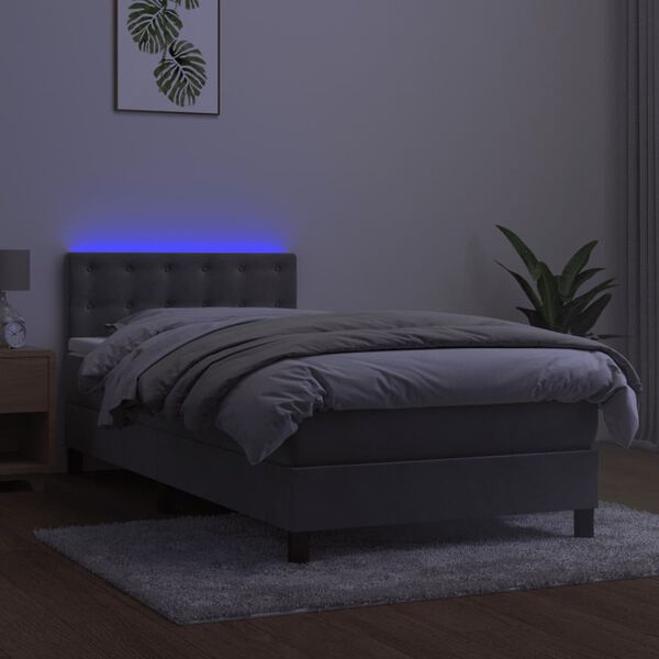 vidaXL Box spring postelja z vzmetnico LED svetlo siva 90x200 cm žamet