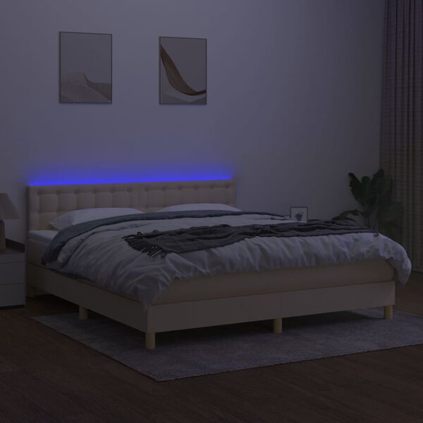 vidaXL Box spring postelja z vzmetnico LED krem 160x200 cm blago