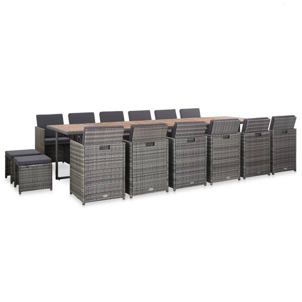 vidaXL Zunanja jedilna garnitura 17-delna z blazinami poli ratan siva