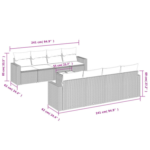 vidaXL Vrtna sedežna garnitura 9-delna z blazinami sv. siv poli ratan