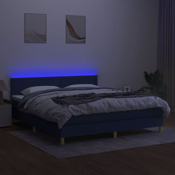 vidaXL Box spring postelja z vzmetnico LED modra 180x200 cm blago