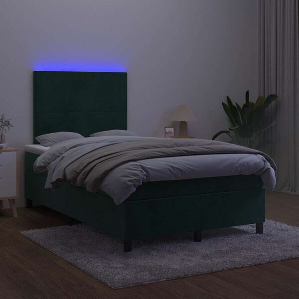vidaXL Box spring postelja z vzmetnico LED tem. zelena 120x200cm žamet