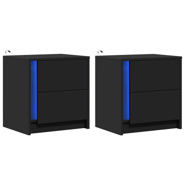 vidaXL Nočna omarica z LED lučkami 2 kosa črn inženirski les