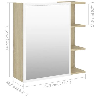 vidaXL Kopalniška omarica z ogledalom bela in sonoma 62,5x20,5x64 cm