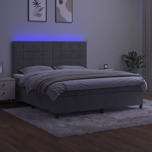 vidaXL Box spring postelja z vzmetnico LED svetlo siva 160x200cm žamet