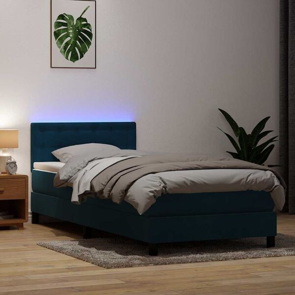 vidaXL Box spring postelja z vzmetnico LED temno modra 80x210 cm žamet