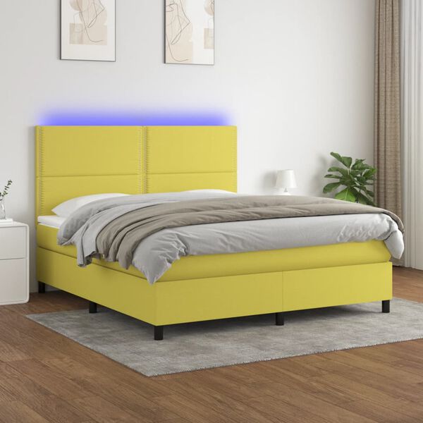 vidaXL Box spring postelja z vzmetnico LED zelena 180x200 cm blago
