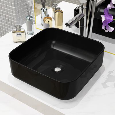 vidaXL Keramični umivalnik kvadratne oblike črne barve 38x38x13,5 cm