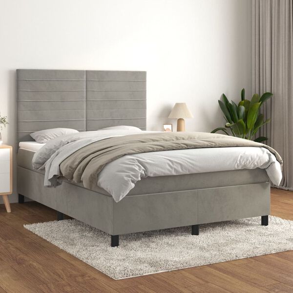 vidaXL Box spring postelja z vzmetnico svetlo siv 140x190 cm žamet