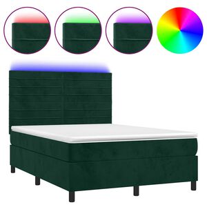 vidaXL Box spring postelja z vzmetnico LED tem. zelena 140x200cm žamet