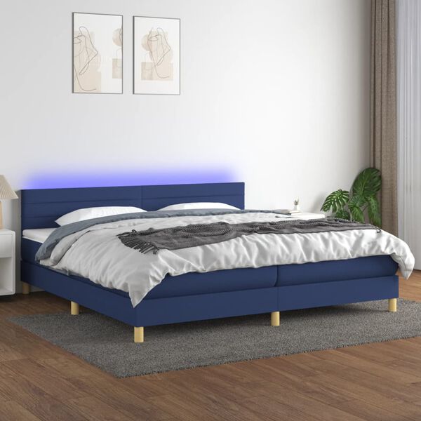 vidaXL Box spring postelja z vzmetnico LED modra 200x200 cm blago