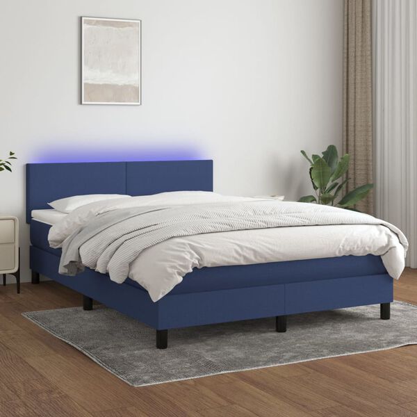 vidaXL Box spring postelja z vzmetnico LED modra 140x200 cm blago