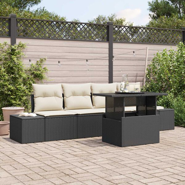 vidaXL Vrtna sedežna garnitura z blazino z blazino 5 pcs Črna in krem