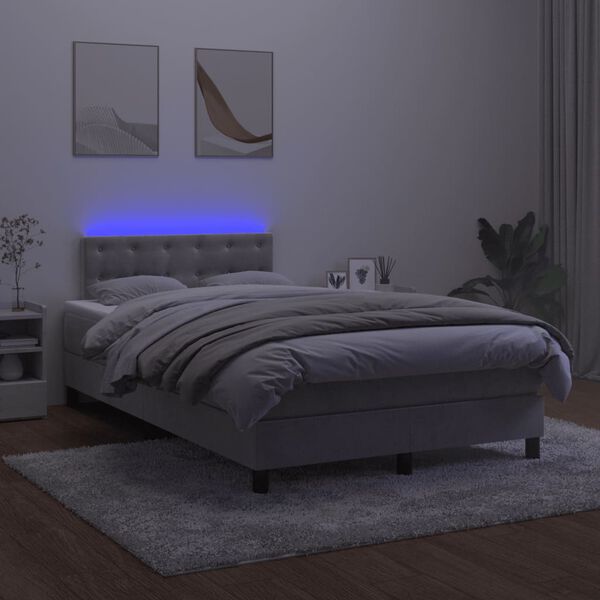 vidaXL Box spring postelja z vzmetnico LED svetlo siva 120x200cm žamet