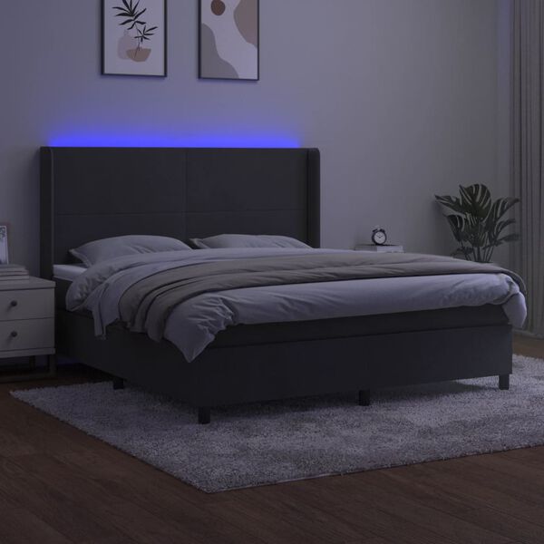 vidaXL Box spring postelja z vzmetnico LED temno siva 160x200 cm žamet