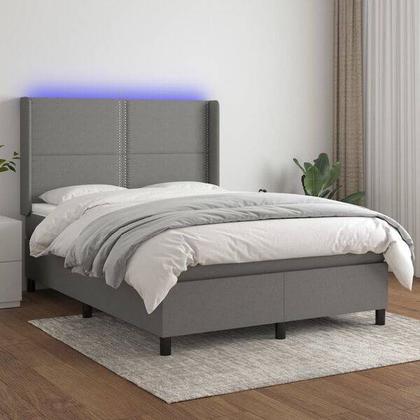 vidaXL Box spring postelja z vzmetnico LED temno siva 140x190 cm blago